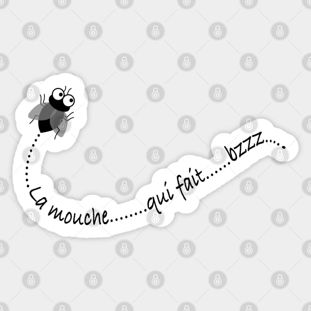 Black fly buzzing with French text "La mouche qui fait bzzz" Sticker by Babush-kat